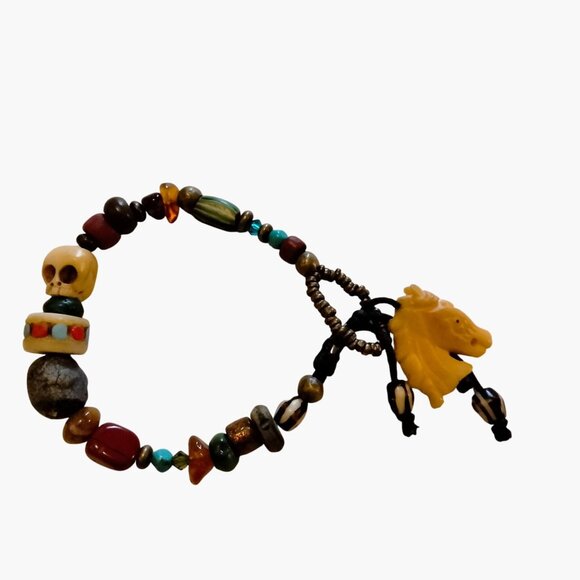 Skull Horse Fetish Bracelet Calaveras Vintage Handmade Beaded Charm Day of Dead - Picture 1 of 9